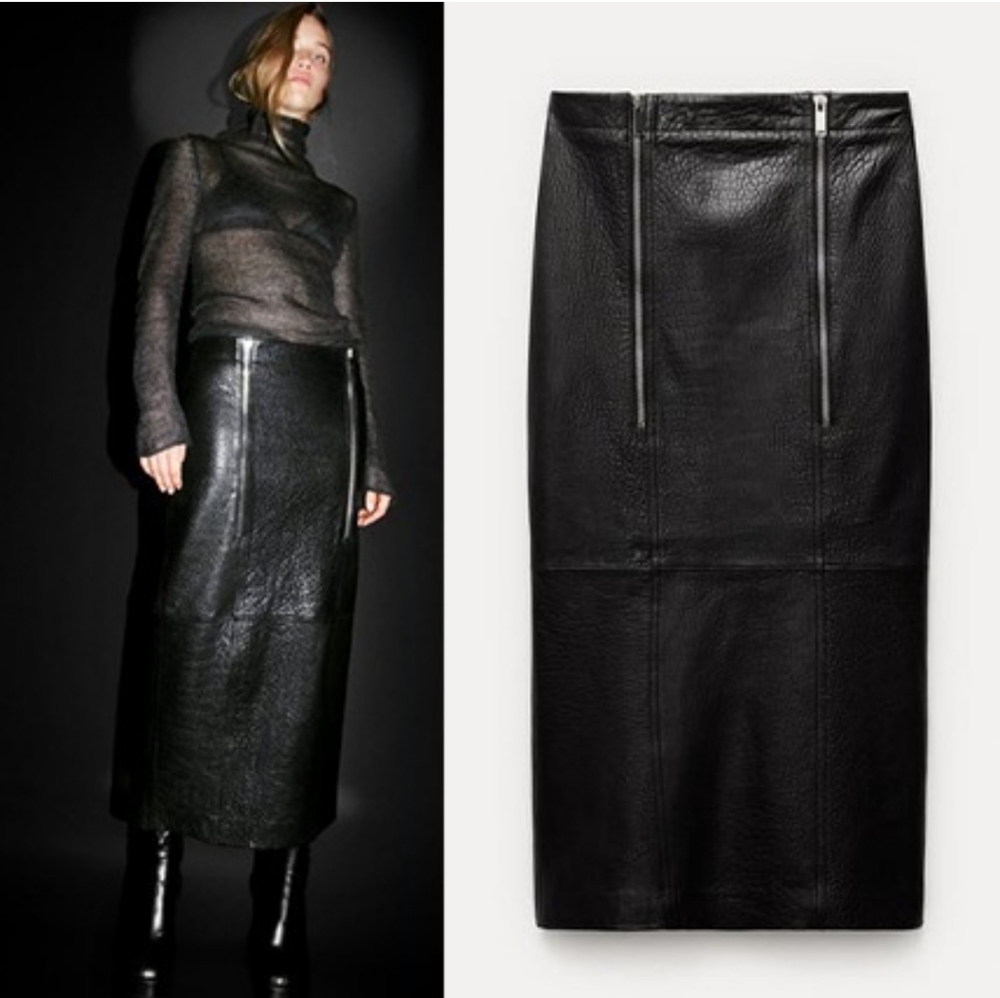 Zara zippered real leather skirt black size Xs new with tag